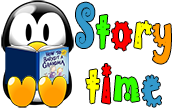 Picture a penguin reading a book with the words Storytime
