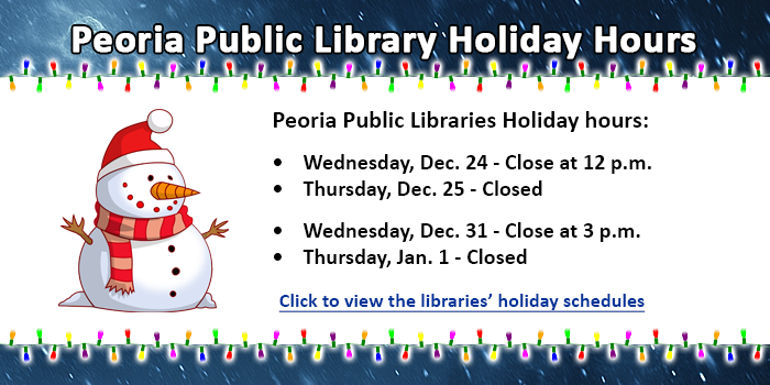 Please click here to view the libraries scheduled holiday and early closure hours for the winter holidays and New Years Day.