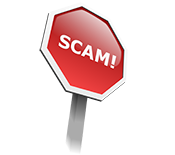 graphic of a stop sign with the word Scam on it