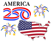 Graphic with the words America 250 and a flag in the shape of the United States