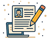 graphic with a resume, a pencil and a laptop