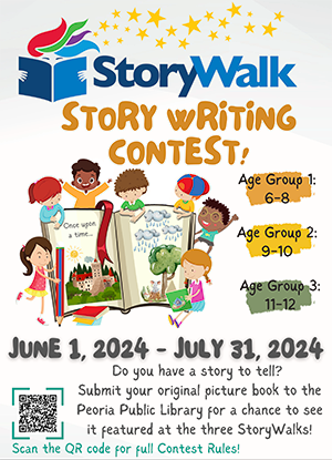 graphic of a book surrounded by kids and the logo for the Peoria Storywalks