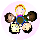 graphic of kids in a circle holding up a cup of tea