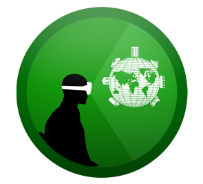 graphic of a person wearing virtual reality glasses that are projecting the earth