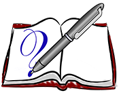Graphic of a blank book, a pen and a question mark